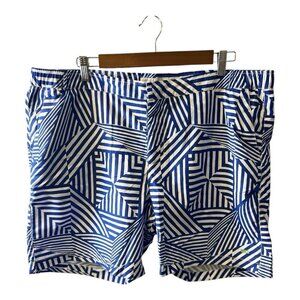 Le Club Men’s Wynn Long Multi Swim Trunks Size XXL Blue White Geometric Print